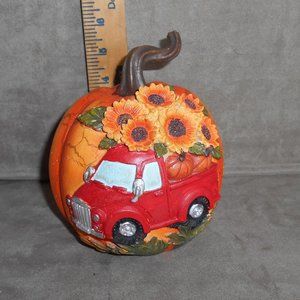 Resin Pumpkin w/Red Truck & Sunflowers Gerson Int'l 2484560 6"